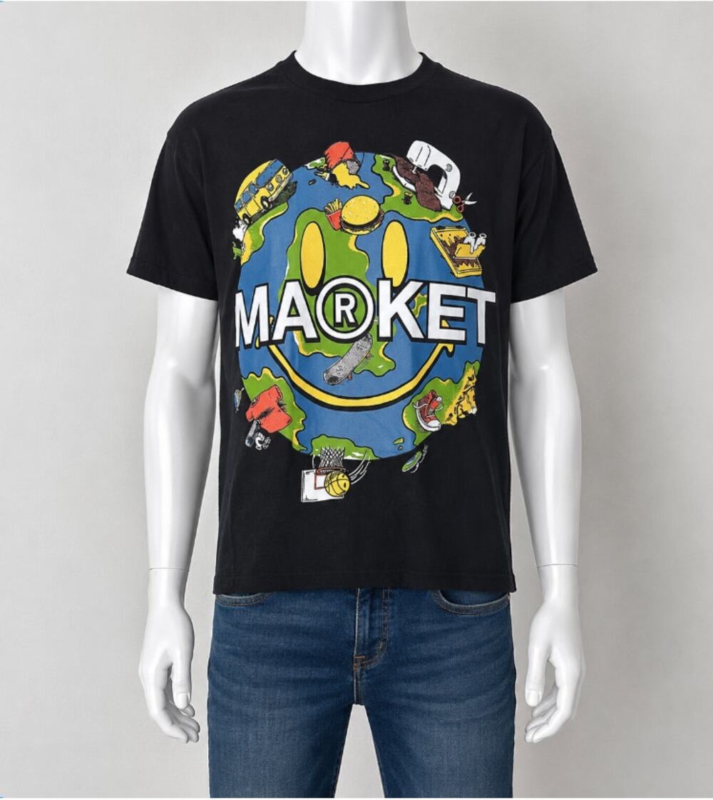 NWOT Black Multi-Color Market Smiley World Graphic Tee Crew Short Sleeve M